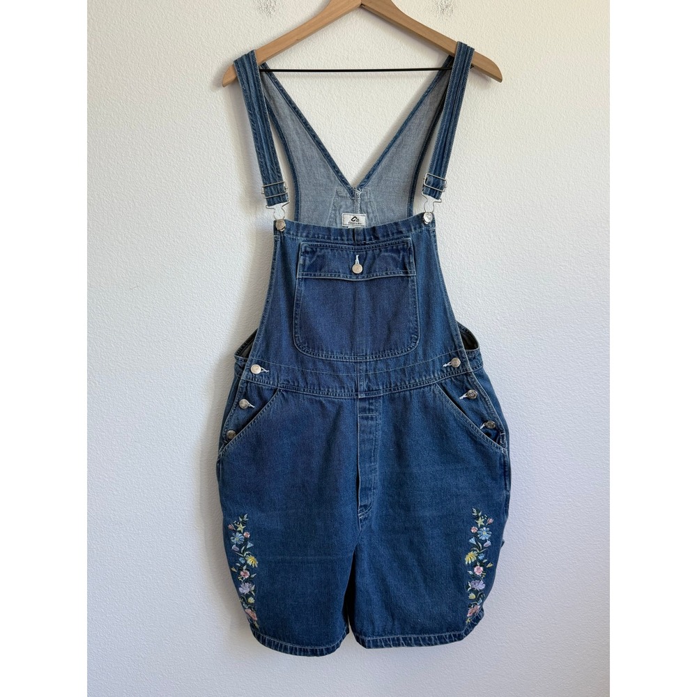Vintage Floral Embroidered Denim Shortalls Large Cottagecore Boho Jean Overalls